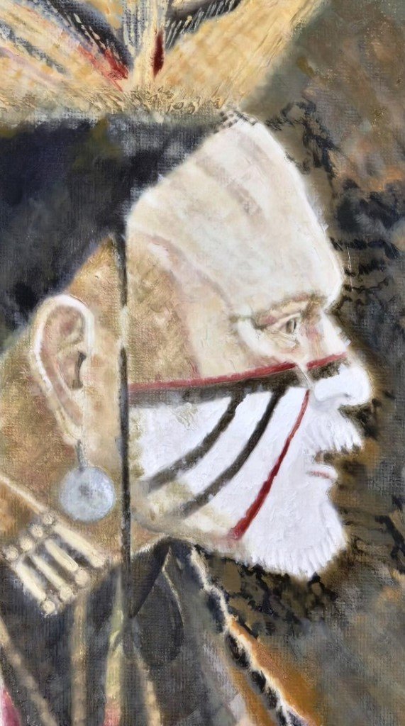 Closeup of my painting Cherokee Native American warrior.
