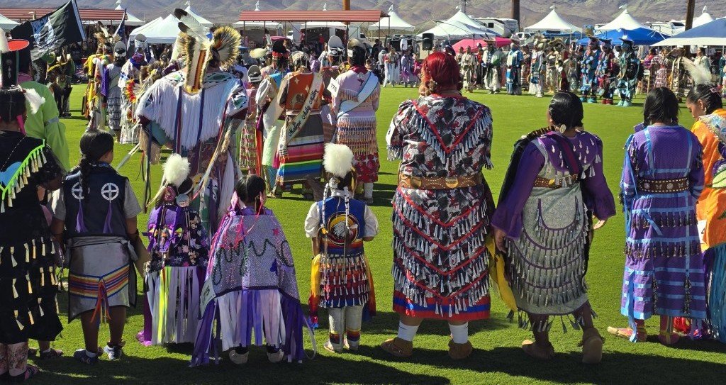 Snow Mountain Paiute Pow Wow Grand Entry - a crowd shot with Native American Princesses standing in the center.