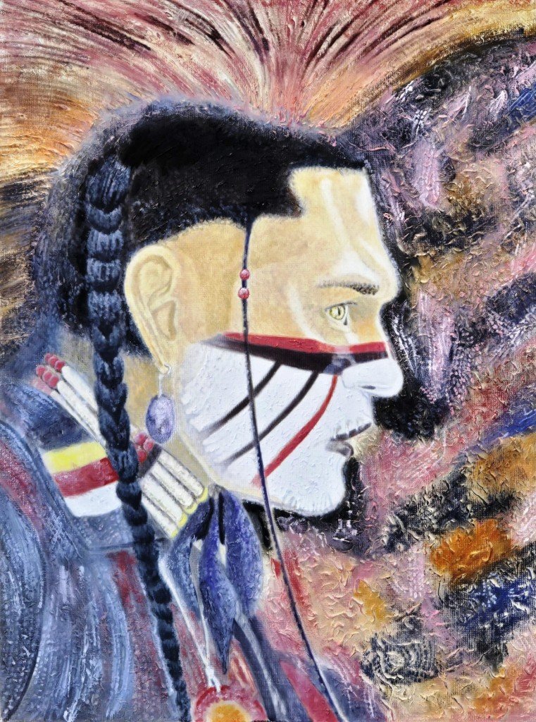 An oil painting of one of the performers.