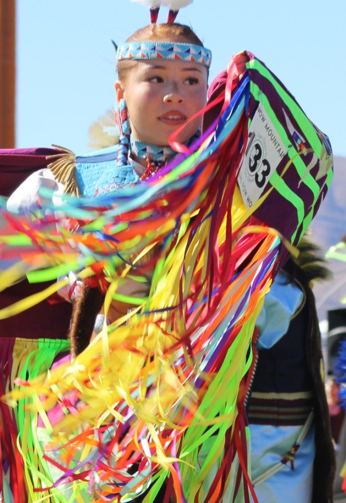Snow Mountain Paiute Pow Wow Grand Entry - a young woman delights the audience.