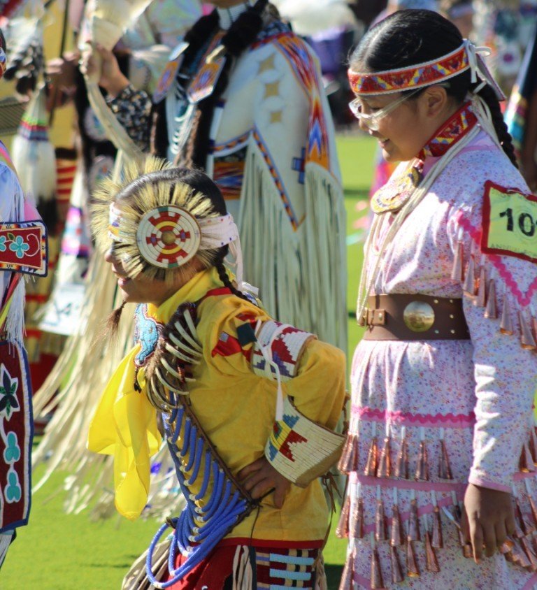 Snow Mountain Paiute Pow Wow Grand Entry - two girls play at the end of the Grand Entry.