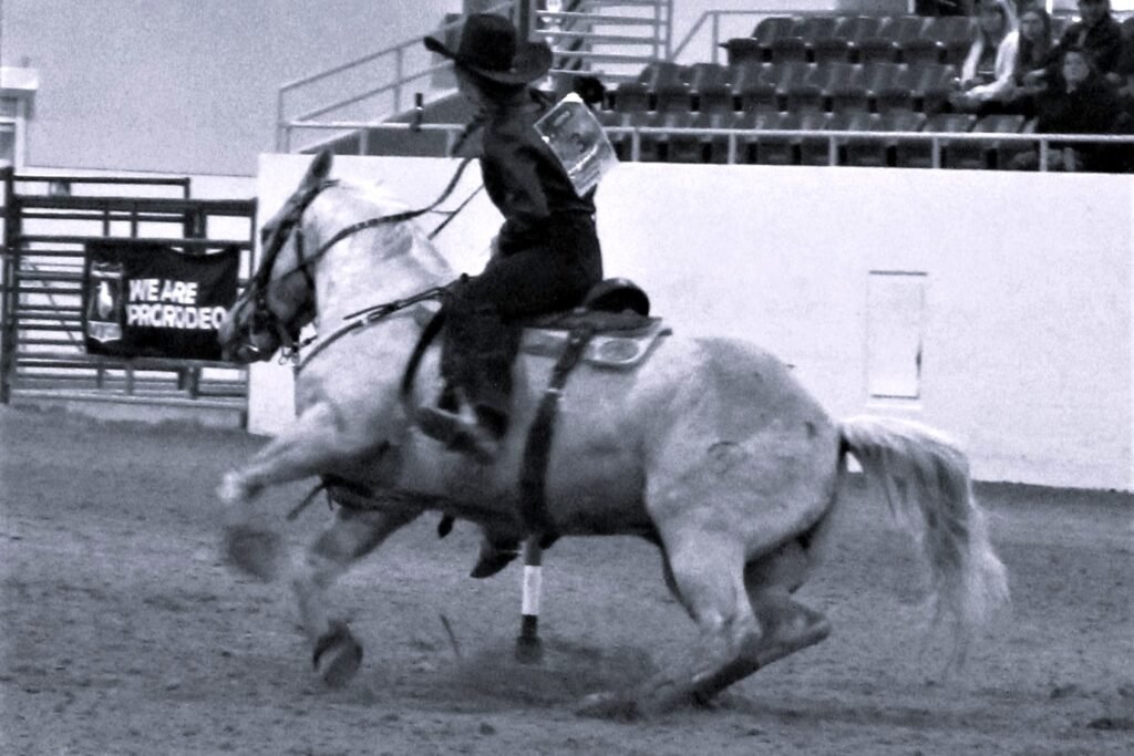 In pole-bending event, black & white photo, cowgirl trains her horse around the end pole during time-trials at Priefert Pavilion as seen at: rodeo Priefert Pavilion; rodeo South Point Arena; rodeo South Point; and rodeo Horseman’s Park.