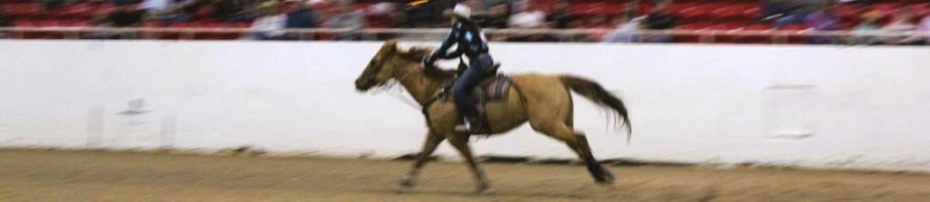 In pole-bending event, the first of two images, a horse and rider strain forward in the time trials at Priefert Pavilion as seen at: rodeo Elko HS; rodeo Eureka HS; rodeo Fernley HS; and rodeo Fallon HS.