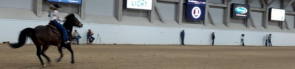 In pole-bending event, the second of two images, a horse and rider strain forward in the time trials at Priefert Pavilion as seen at: rodeo Humboldt HS; rodeo Las Vegas HS; rodeo Moapa Valley; & rodeo Spanish Springs HS.