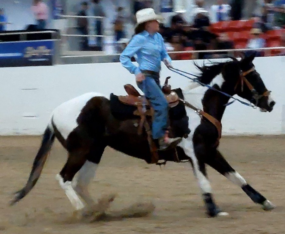 In pole-bending event, the first of three images, the crowd a blur, the rider yanks hard on the reigns to slow the horse after time trials at Priefert Pavilion as seen at: rodeo Alamo; rodeo Battle Mountain; rodeo Boulder City; and rodeo Pahrump Valley.