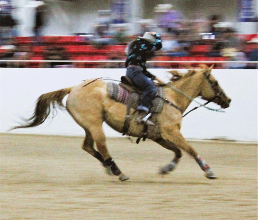 In pole-bending event, the second of three images, the crowd a blur, the rider holds her hat as horse slows after time trials at Priefert Pavilion as seen at: rodeo Elko; rodeo Eureka; rodeo Fernley; and rodeo Fallon.