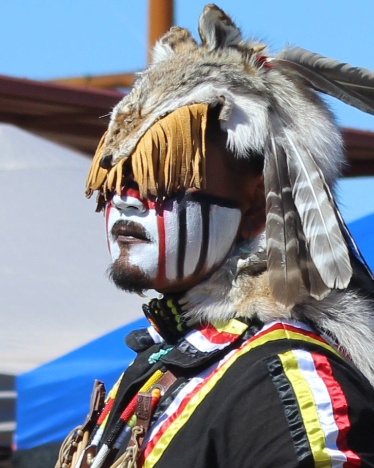 Snow Mountain Paiute Pow Wow Grand Entry profile of a serious Honorary Grand Entry Leader as seen in Powwows: Cedar; Cedar City; Duck Valley; Elko; Ely; Fallon; Fort Mojave; Goshute; Moapa; Muckleshoot; Nevada Day; Numaga; Red Dress; Sacred Visions; Stewart; Sycuan; UNLV;  UNR; Univ. of Nev. Reno; and Walker River; Western Navajo Fair.