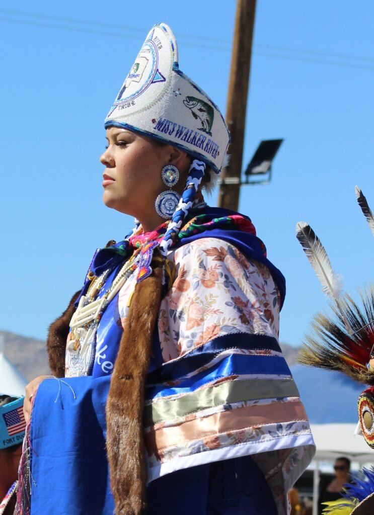 Snow Mountain Paiute Pow Wow Miss Walker River Princess as seen in Powwows: Cedar; Cedar City; Duck Valley; Elko; Ely; Fallon; Fort Mojave; Goshute; Moapa; Muckleshoot; Nevada Day; Numaga; Red Dress; Sacred Visions; Stewart; Sycuan; UNLV;  UNR; Univ. of Nev. Reno; and Walker River.