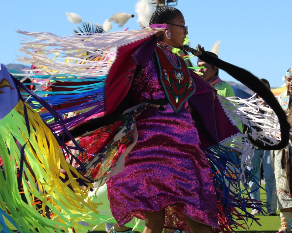 Snow Mountain Paiute Pow Wow Grand Entry with spectacular dancing as seen in Powwows: Cedar; Cedar City; Duck Valley; Elko; Ely; Fallon; Fort Mojave; Goshute; Moapa; Muckleshoot; Nevada Day; Numaga; Red Dress; Sacred Visions; Stewart; Sycuan; UNLV;  UNR; Univ. of Nev. Reno; and Walker River; Western Navajo Fair.
