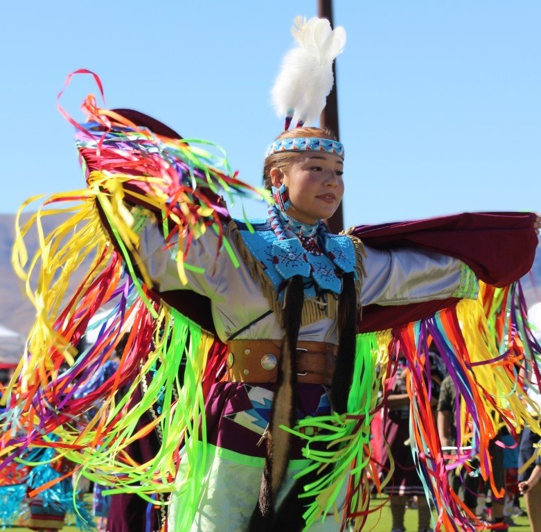 Snow Mountain Paiute Pow Wow Grand Entry as Sycuan Princess delights the crowd as she dances as seen in Powwows: Duck Valley; Elko; Ely; Fallon; Fort Mojave; Goshute; Moapa; Muckleshoot; Nevada Day; Numaga; Red Dress; Sacred Visions; Stewart; Sycuan; UNLV; UNR; Univ. of Nev. Reno; and Walker River.
