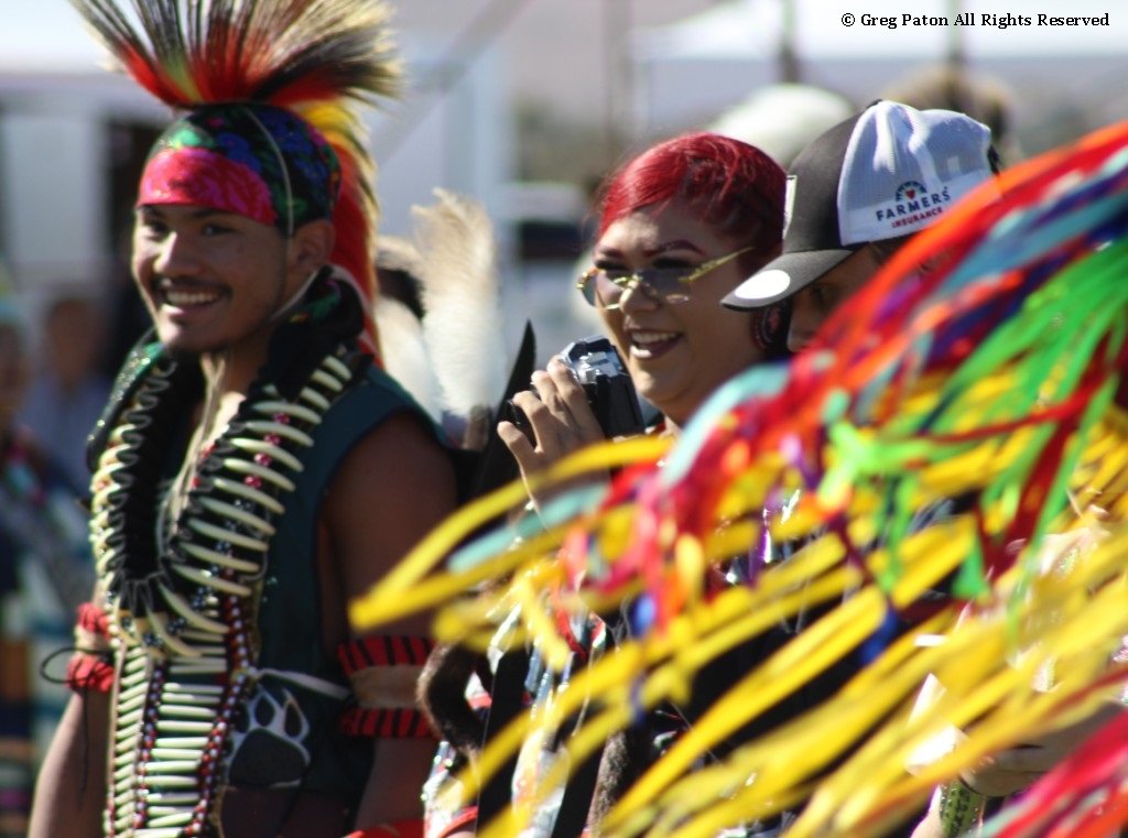 Snow Mountain Paiute Pow Wow at end of Grand Entry and others share a laugh as seen in powwows: Petrack; Petrack Park; Red Dress; Sacred Visions; San Marcos; San Marcos Apache; Stewart; Sycuan; UNLV; UNR; Univ. of Nev. Reno; and Walker River; & Western Navajo Fair.