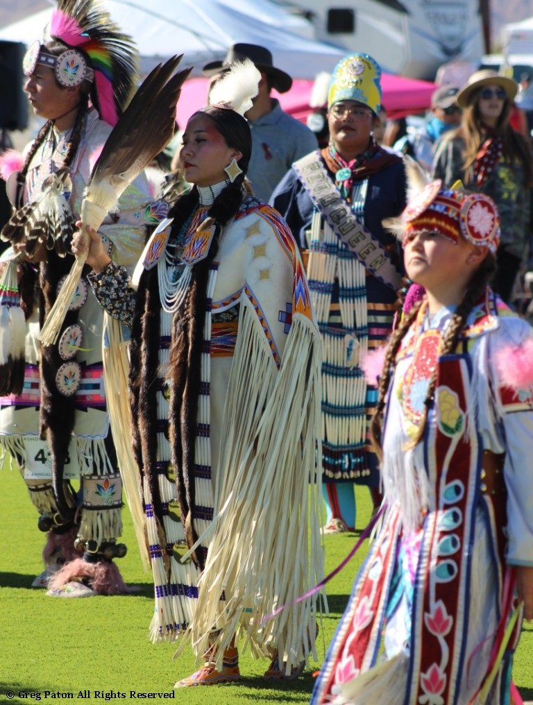 Snow Mountain Paiute Pow Wow at end of Grand Entry are seen in  rich colors of pinks and greens as seen in powwows: Petrack; Petrack Park; Red Dress; Sacred Visions; San Marcos; San Marcos Apache; Stewart; Sycuan; UNLV; UNR; Univ. of Nev. Reno; and Walker River; & Western Navajo Fair.