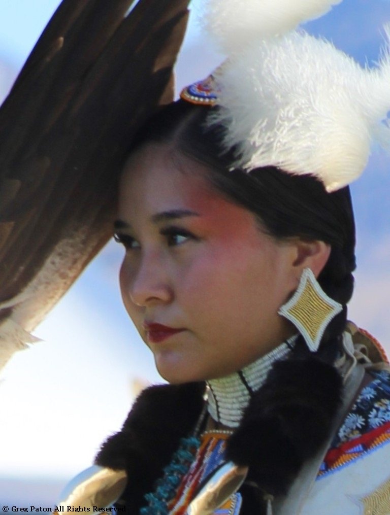 Closeup of Native American shading with fan in Grand Entry as seen in powwows: Nes Perce; Ojibwe; Oneida; O’odham; Paiute; Pima; Pueblo Peoples; Seminole; and Shawnee.