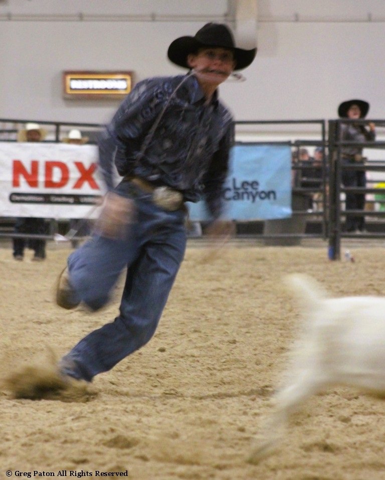 In goat tie-down event, rider runs tracking goat in the time trials at Priefert Pavilion as seen in high school rodeos: Alamo; Battle Mountain; Boulder City; Pahrump; Pahrump Valley; Elko; Eureka; Fallon; Fernley; Humboldt; Moapa Valley; Spanish Springs; Washoe; Wells; White Pine; NSHSRA; Priefert Pavilion; & South Point.