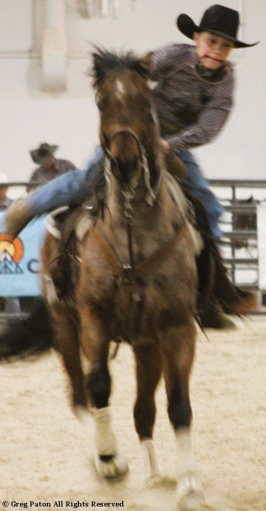 In goat tie-down event, rider with lasso in mouth prepares to dismount galloping horse in time trials at Priefert Pavilion as seen in high school rodeos: Alamo; Battle Mountain; Boulder City; Pahrump; Pahrump Valley; Elko; Eureka; Fallon; Fernley; Humboldt; Moapa Valley; Spanish Springs; Washoe; Wells; White Pine; NSHSRA; Priefert Pavilion; & South Point.