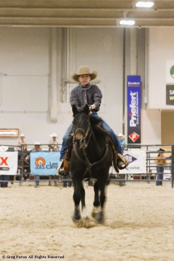 In goat tie-down event, horse in full gallop in time trials at Priefert Pavilion as seen in high school rodeos: Alamo; Battle Mountain; Boulder City; Pahrump; Pahrump Valley; Elko; Eureka; Fallon; Fernley; Humboldt; Moapa Valley; Spanish Springs; Washoe; Wells; White Pine; NSHSRA; Priefert Pavilion; & South Point.