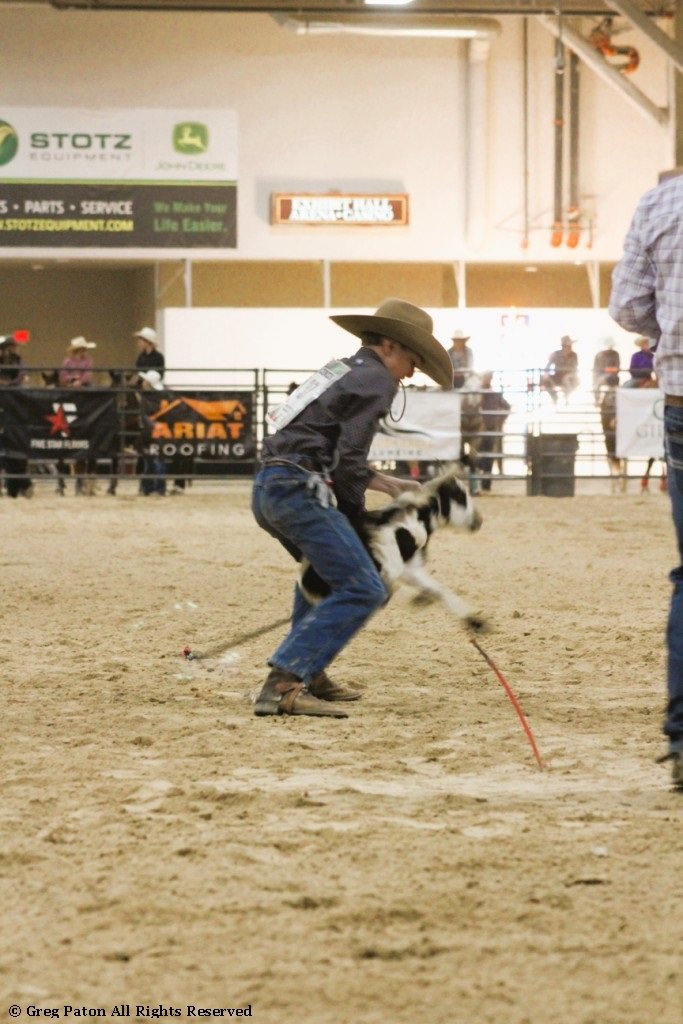 In goat tie-down event, young cowboy struggles tying goat in time trials at Priefert Pavilion as seen in high school rodeos: Alamo; Battle Mountain; Boulder City; Pahrump; Pahrump Valley; Elko; Eureka; Fallon; Fernley; Humboldt; Moapa Valley; Spanish Springs; Washoe; Wells; White Pine; NSHSRA; Priefert Pavilion; & South Point.