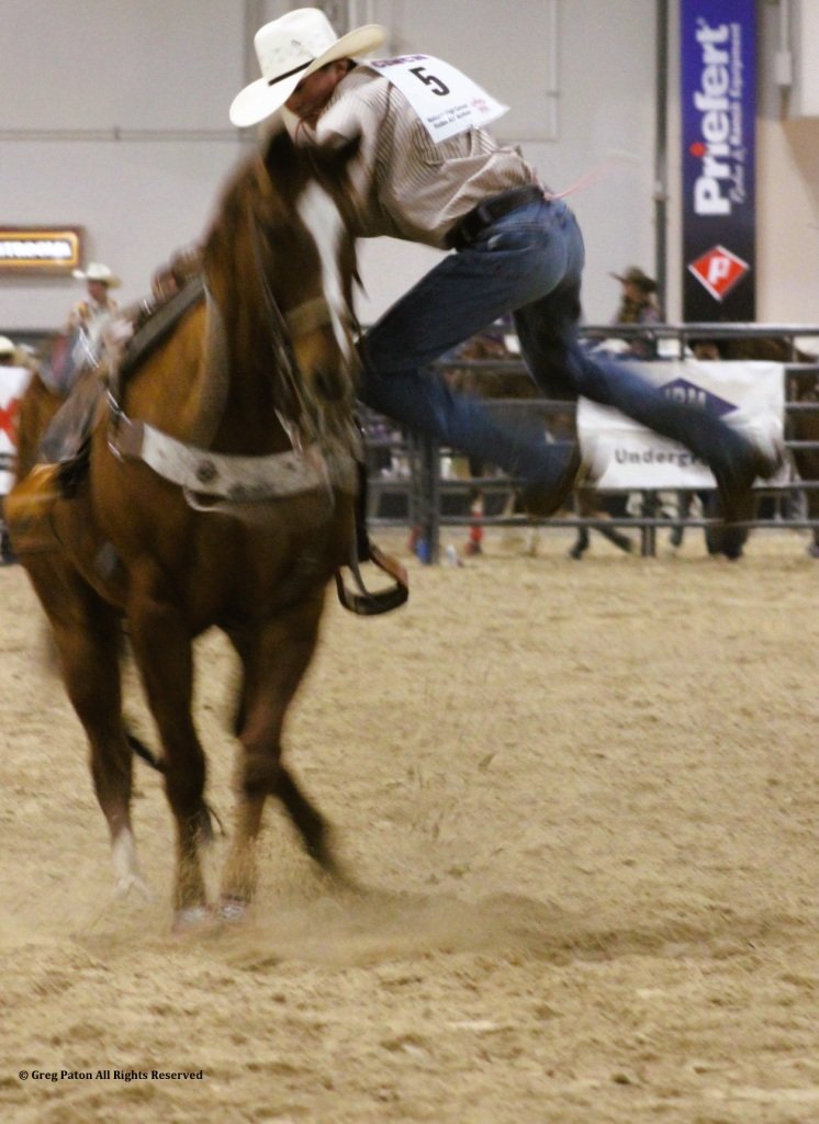 In goat tie-down event, cowboy leaps dismounting horse in time trials at Priefert Pavilion as seen in high school rodeos: Alamo; Battle Mountain; Boulder City; Pahrump; Pahrump Valley; Elko; Eureka; Fallon; Fernley; Humboldt; Moapa Valley; Spanish Springs; Washoe; Wells; White Pine; NSHSRA; Priefert Pavilion; & South Point.